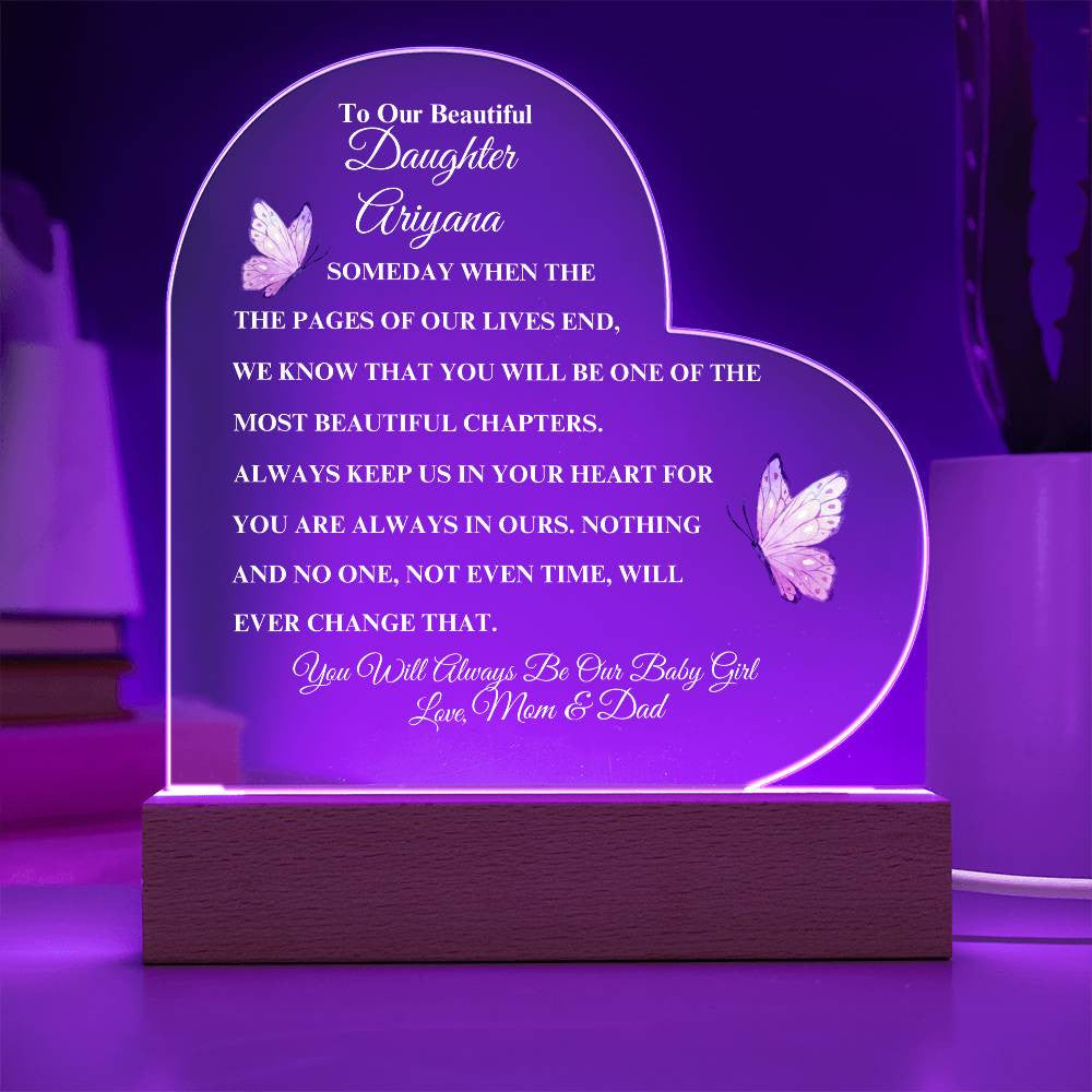 Personalized To Our Beautiful Daughter | Heart Acrylic LED Plaque - White Letters (Pink Butterfly)