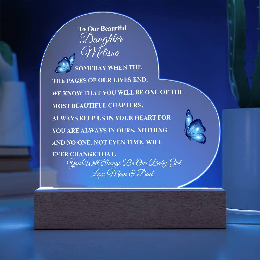 (TOP SELLER 🔥)Personalized To Our Beautiful Daughter | Heart Acrylic LED Plaque - White Letters (Blue Butterfly)