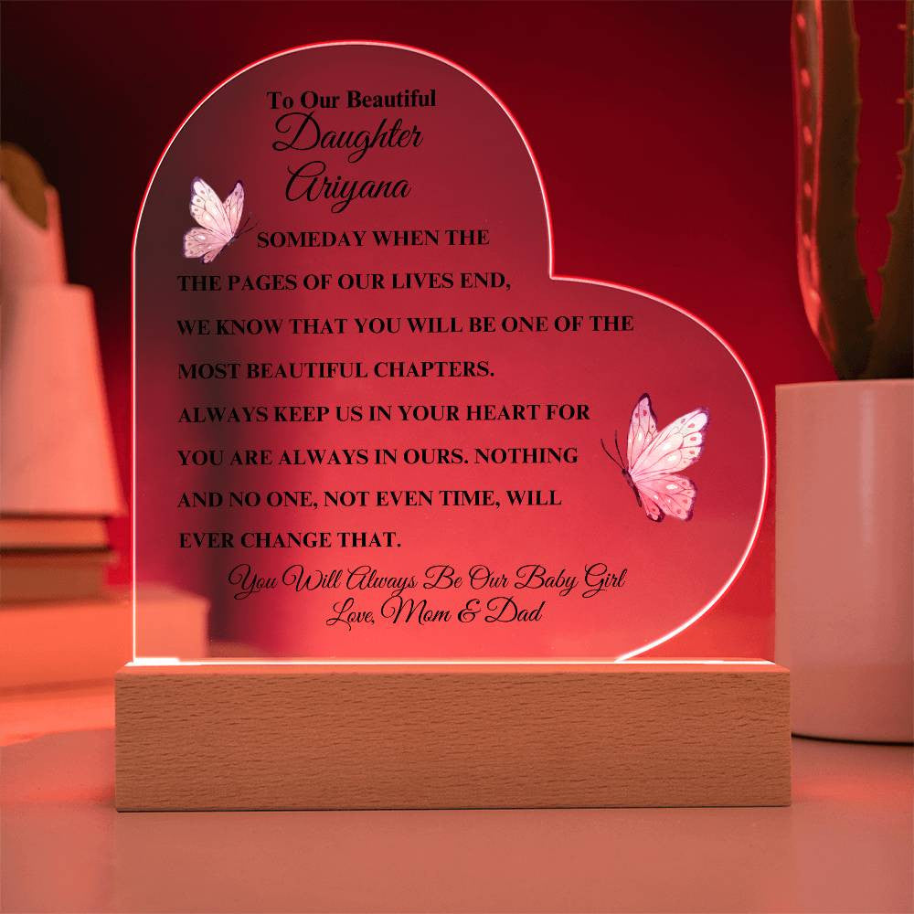 Personalized To Our Beautiful Daughter | Heart Acrylic LED Plaque (Pink Butterfly)