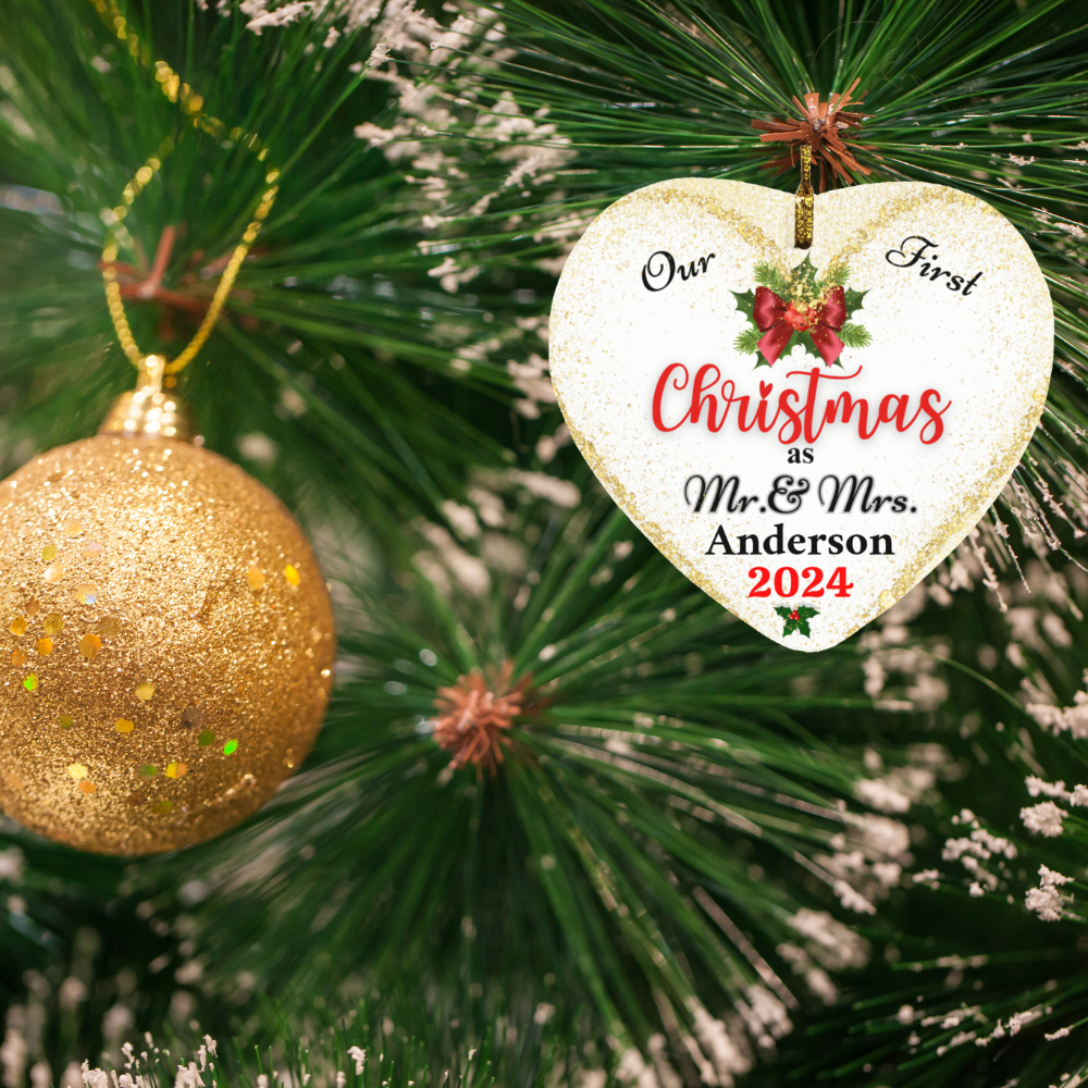 Personalized Our First Christmas as Mr. & Mrs. Gold Heart Ornament