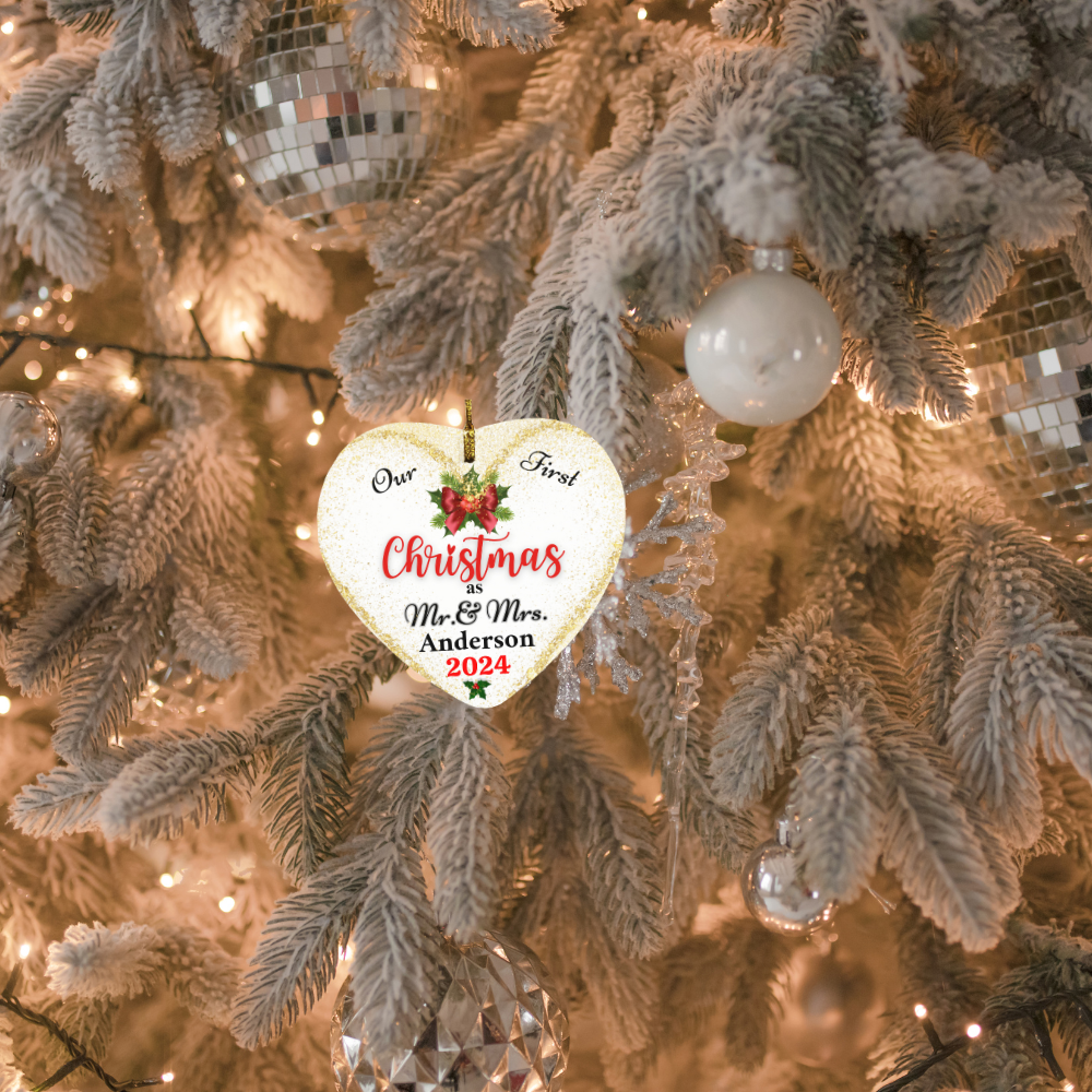 Personalized Our First Christmas as Mr. & Mrs. Gold Heart Ornament