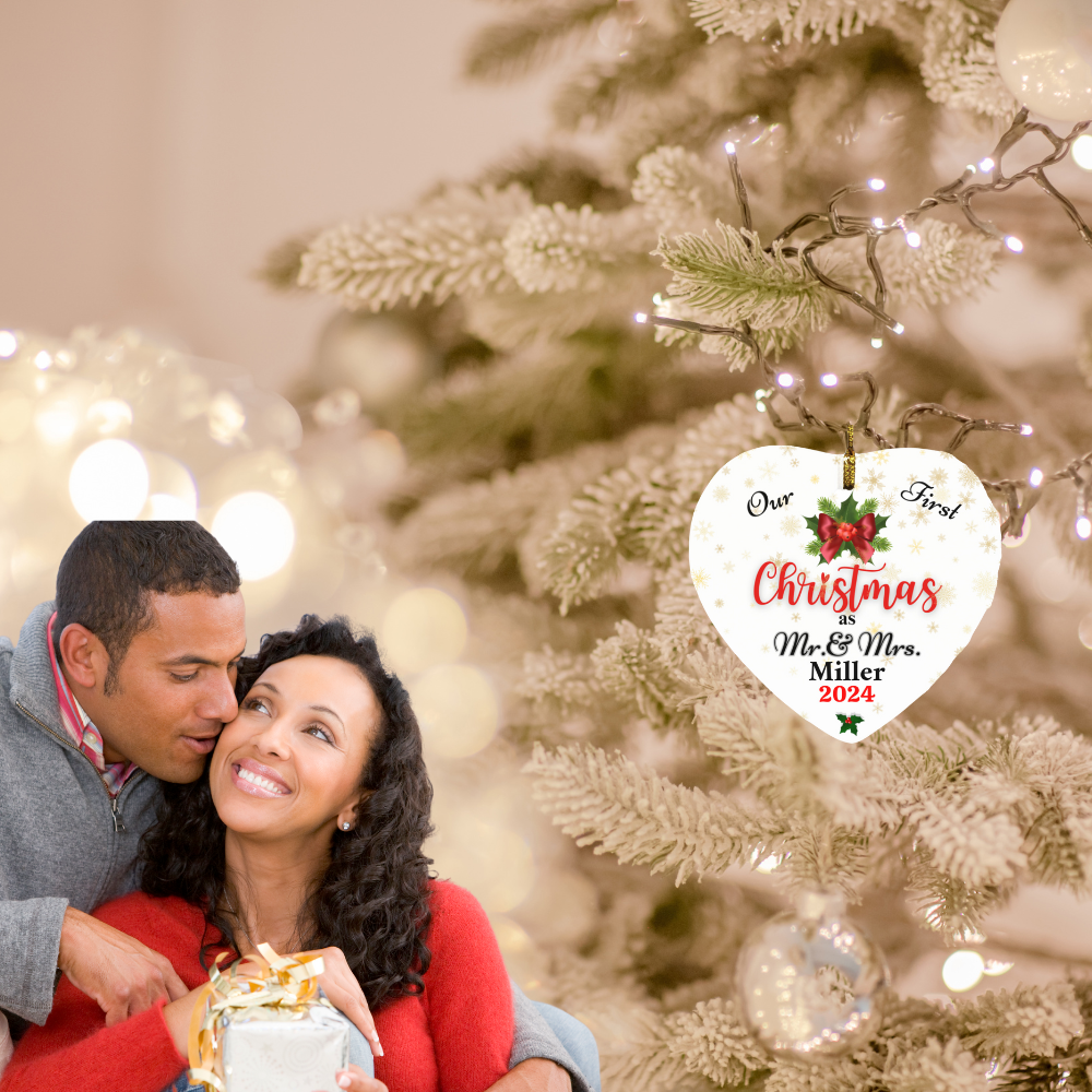 Personalized Our First Christmas as Mr. & Mrs. (Gold Star) Heart Ornament