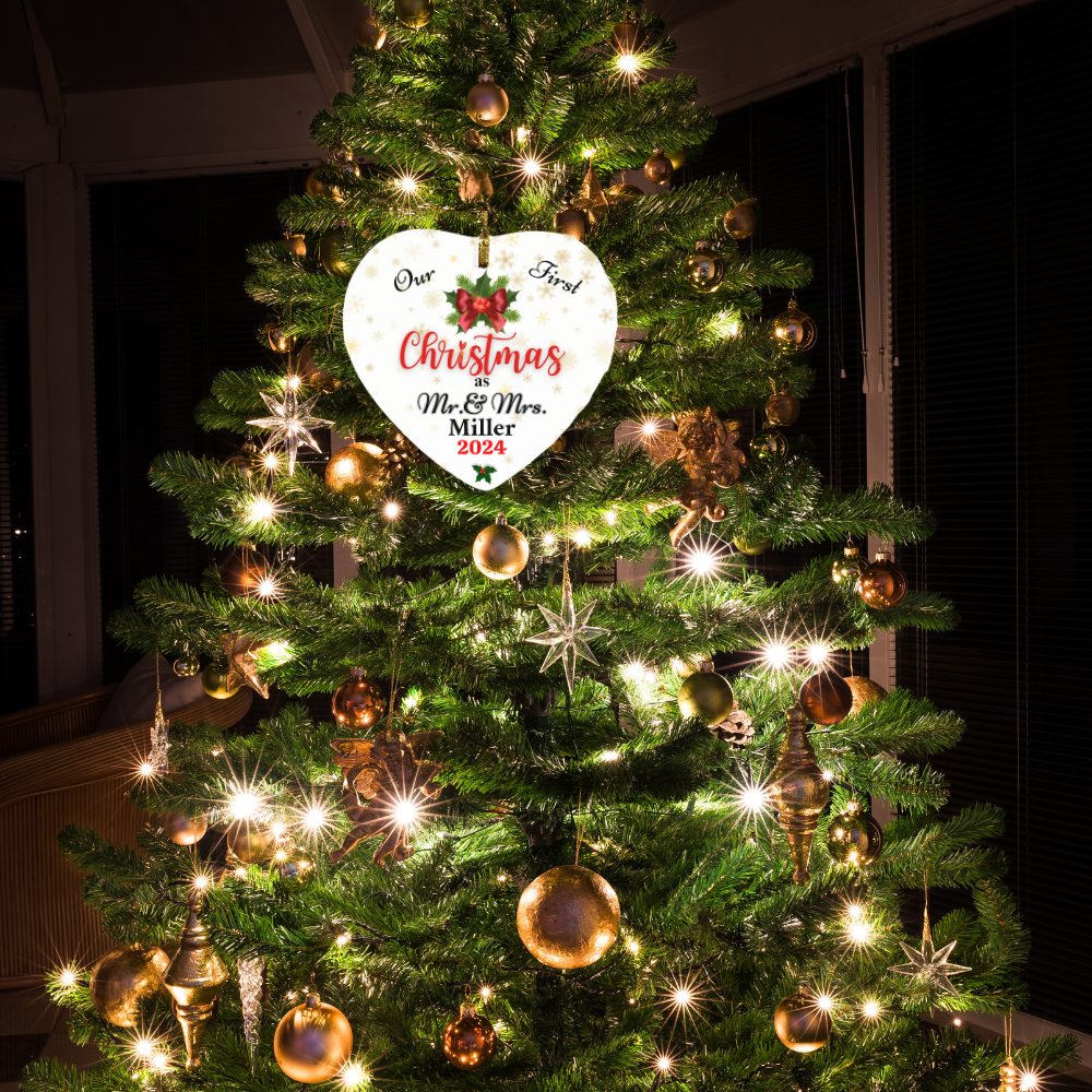 Personalized Our First Christmas as Mr. & Mrs. (Gold Star) Heart Ornament