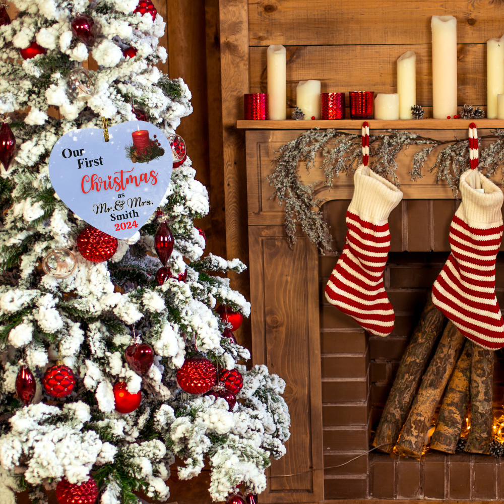 Personalized Our First Christmas as Mr. & Mrs. (Candle) Heart Ornament