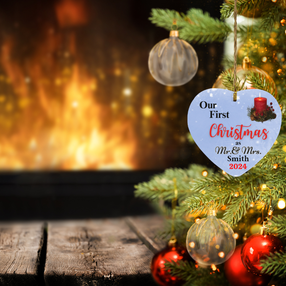 Personalized Our First Christmas as Mr. & Mrs. (Candle) Heart Ornament