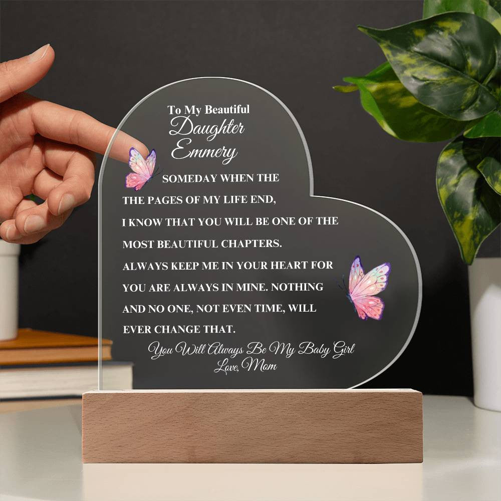 (TOP SELLER 🔥)Personalized To My Beautiful Daughter | Heart Acrylic LED Plaque - White Letters (Pink Butterfly)