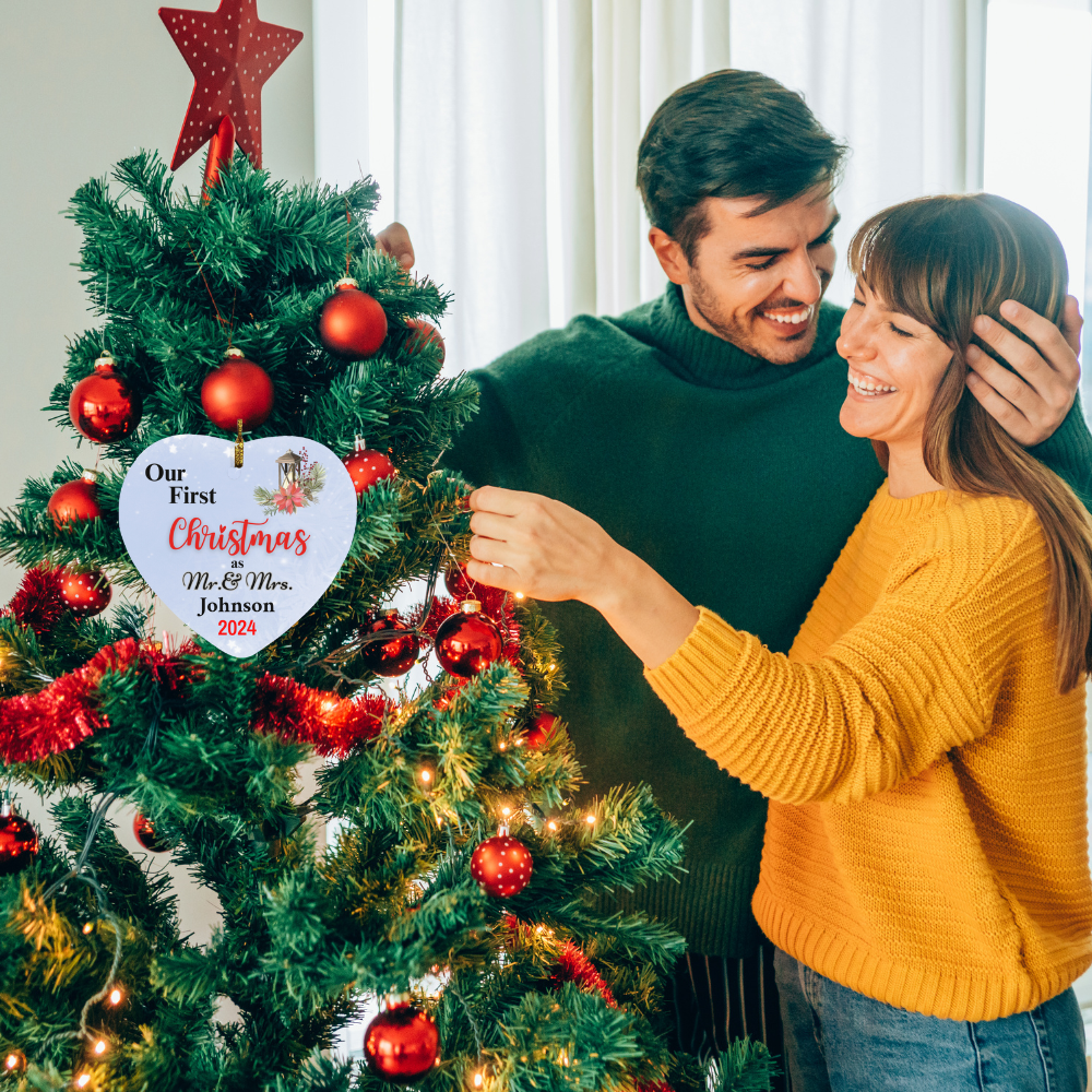 Personalized Our First Christmas as Mr. & Mrs. Light Blue Heart Ornament