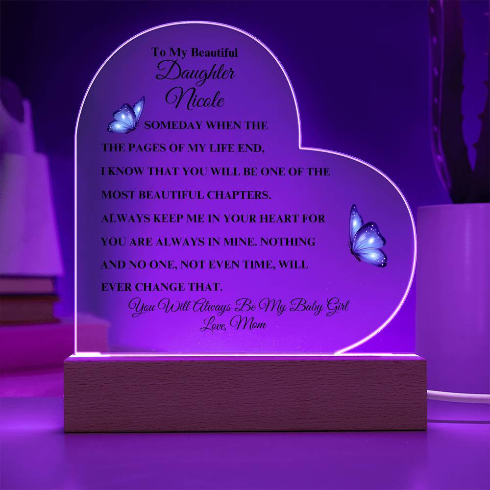 Personalized To My Beautiful Daughter | Heart Acrylic LED Plaque (Blue Butterfly)