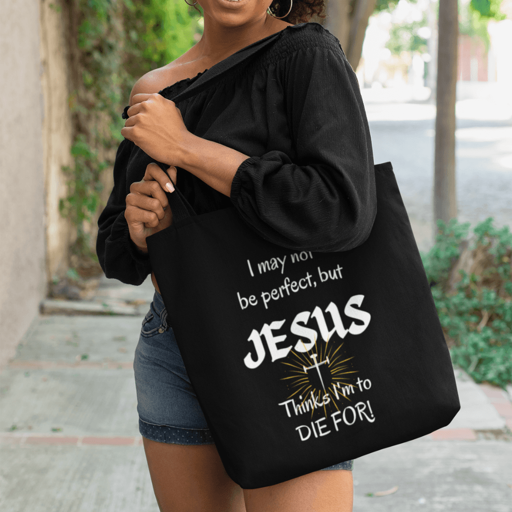 I May Not Be Perfect... Black Tote Bag (AOP) - ALL4THEGIFTOFIT