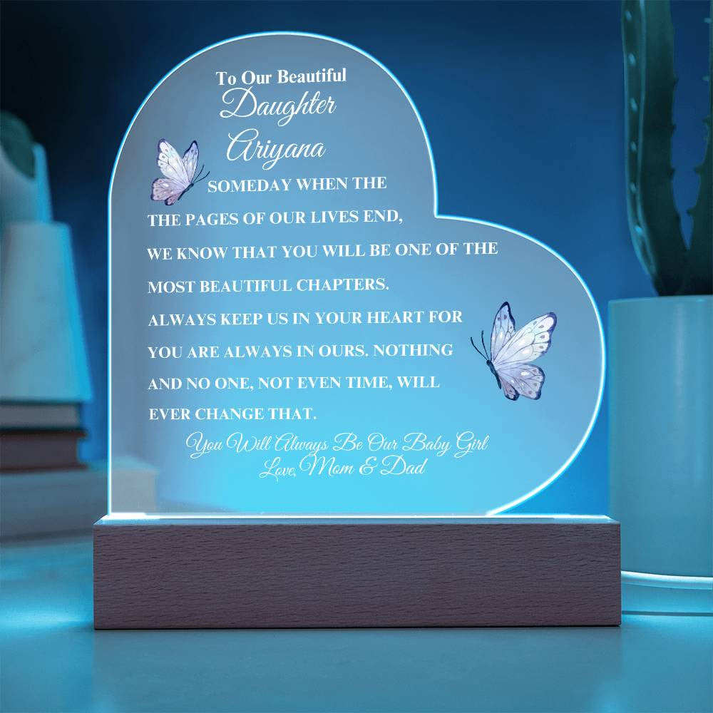 (TOP SELLER 🔥)Personalized To Our Beautiful Daughter | Heart Acrylic LED Plaque - White Letters (Pink Butterfly)