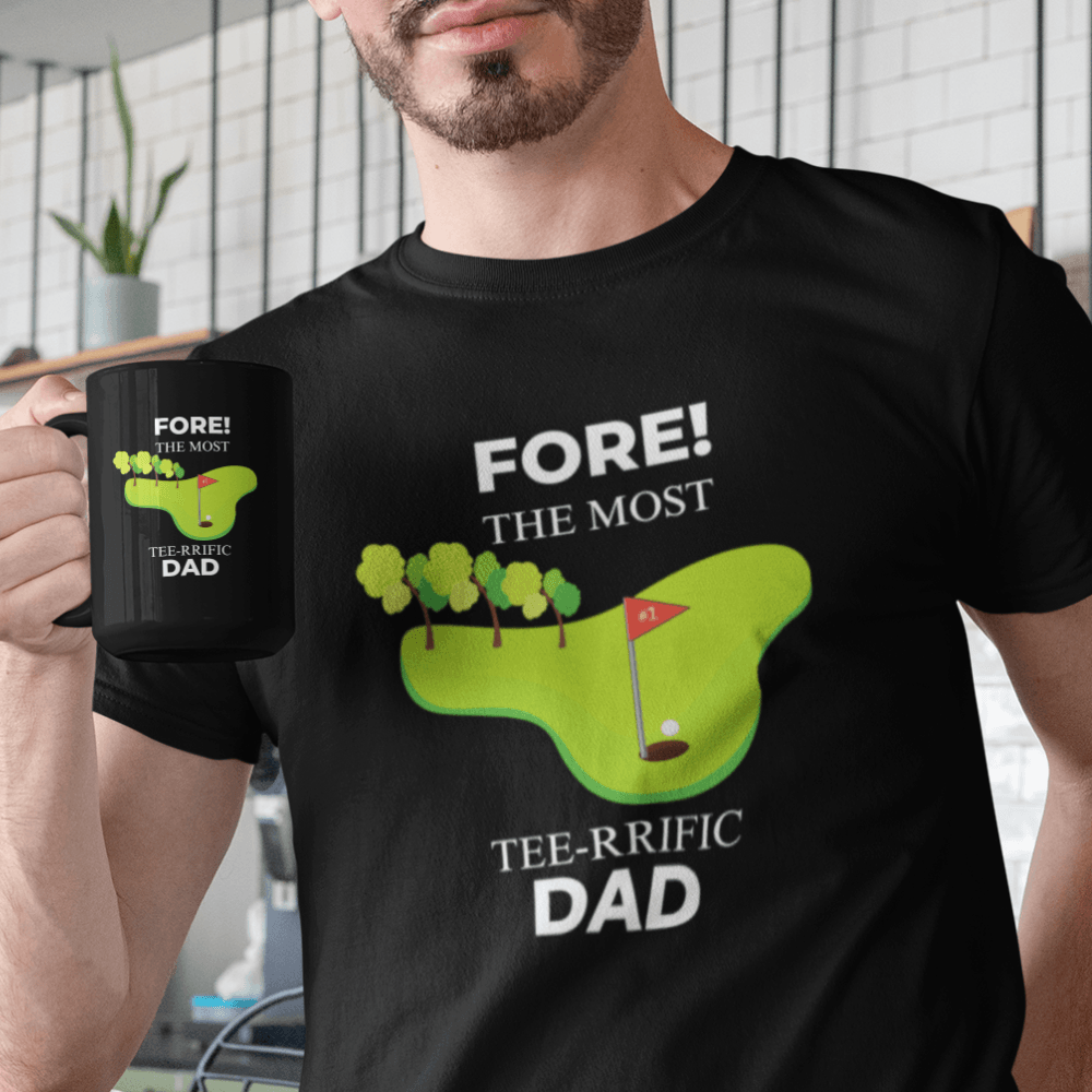 FORE! The Most Tee-Rrific Dad Black Mug - ALL4THEGIFTOFIT