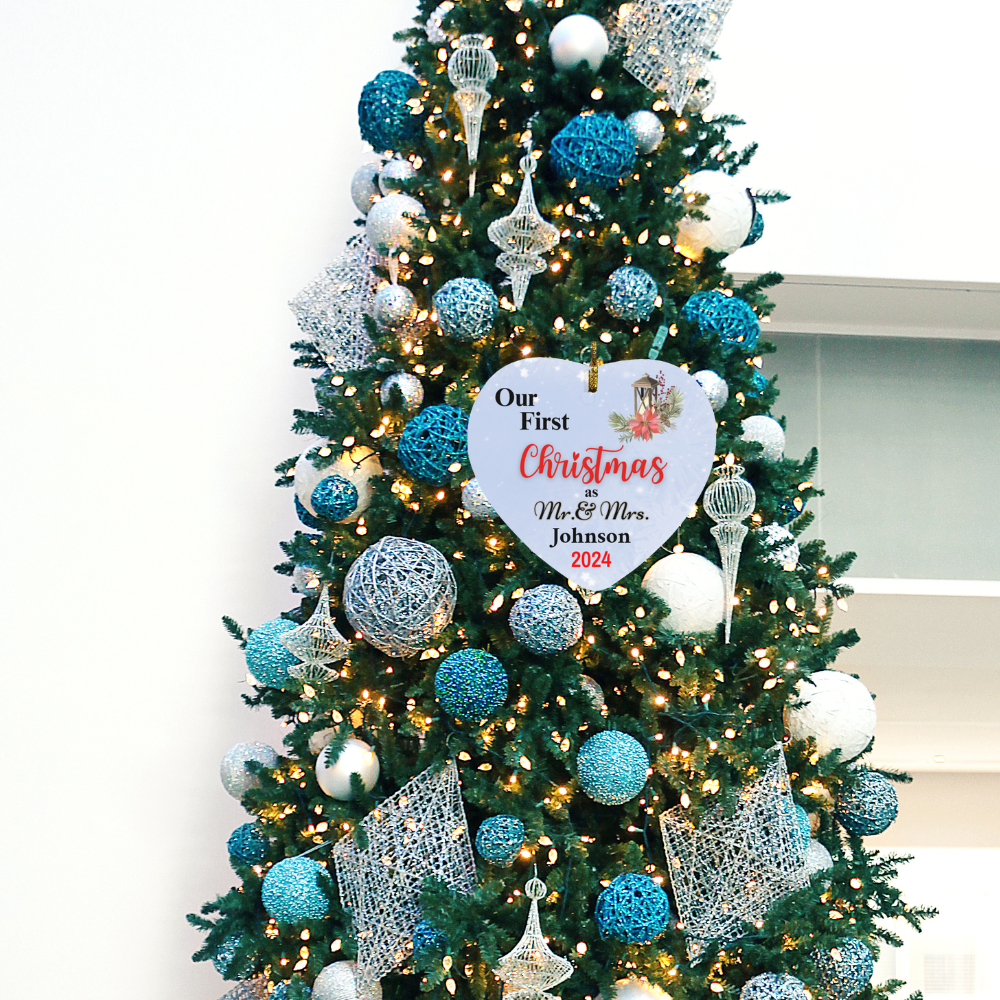 Personalized Our First Christmas as Mr. & Mrs. Light Blue Heart Ornament