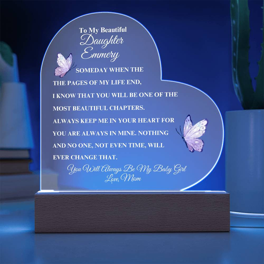 (TOP SELLER 🔥)Personalized To My Beautiful Daughter | Heart Acrylic LED Plaque - White Letters (Pink Butterfly)