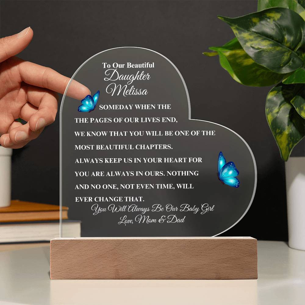 (TOP SELLER 🔥)Personalized To Our Beautiful Daughter | Heart Acrylic LED Plaque - White Letters (Blue Butterfly)