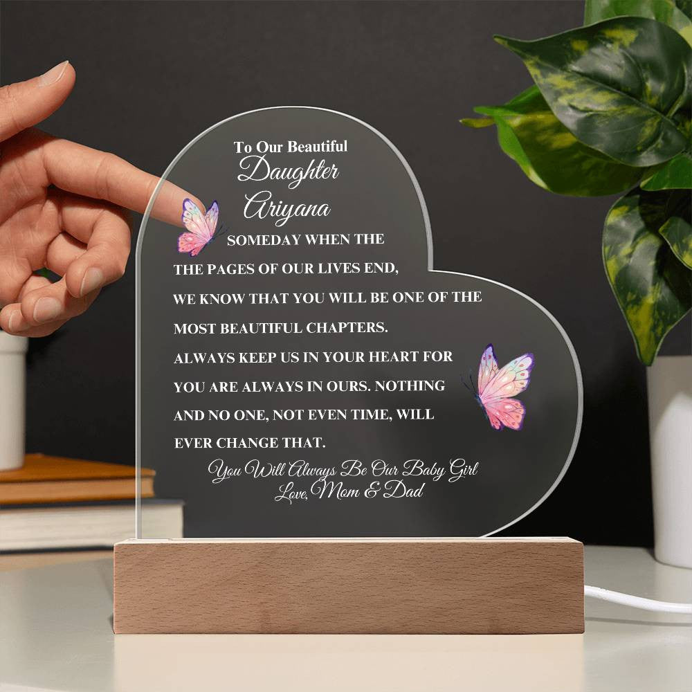 (TOP SELLER 🔥)Personalized To Our Beautiful Daughter | Heart Acrylic LED Plaque - White Letters (Pink Butterfly)