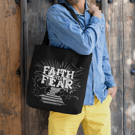 Faith Over Fear Black Tote Bag (AOP) - ALL4THEGIFTOFIT