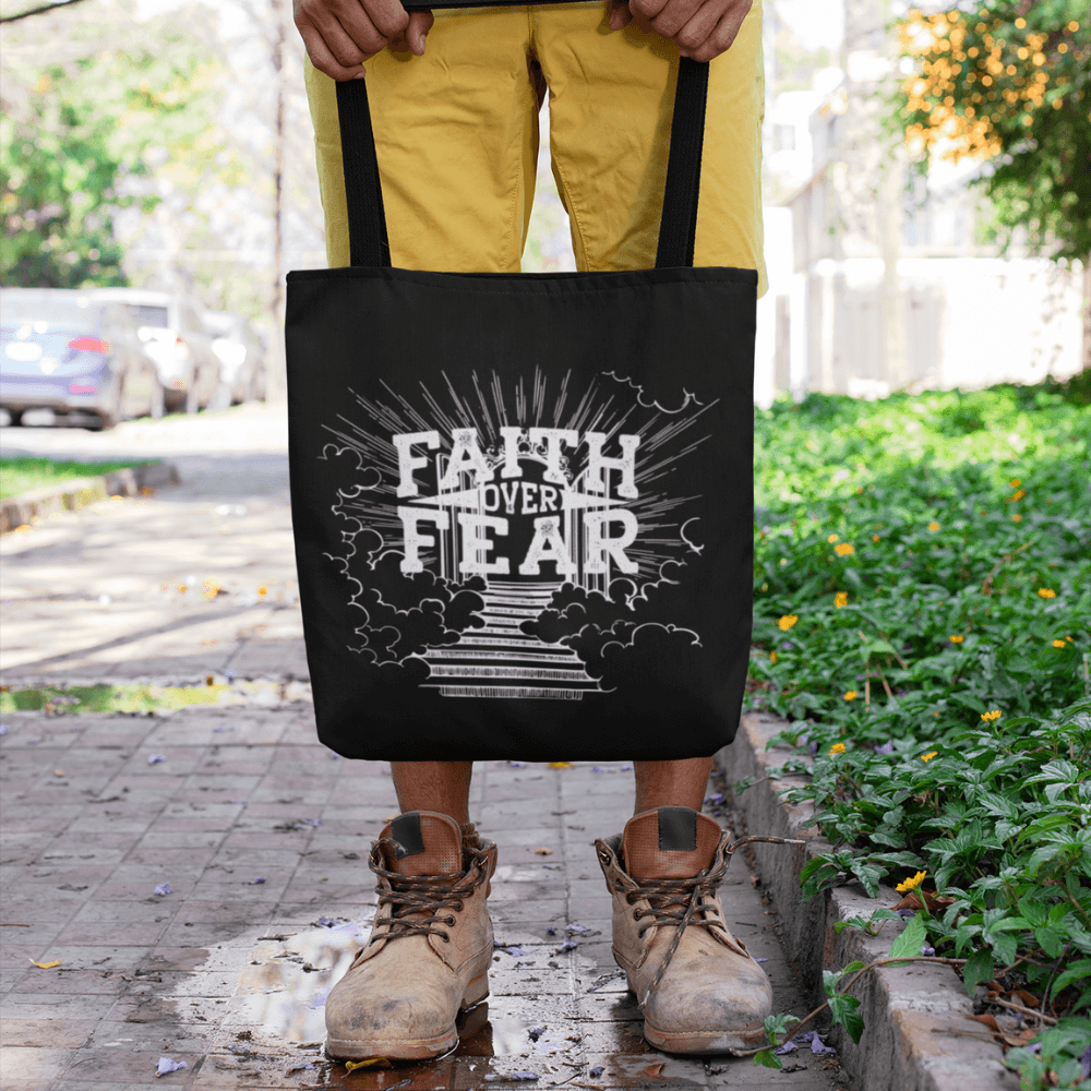 Faith Over Fear Black Tote Bag (AOP) - ALL4THEGIFTOFIT