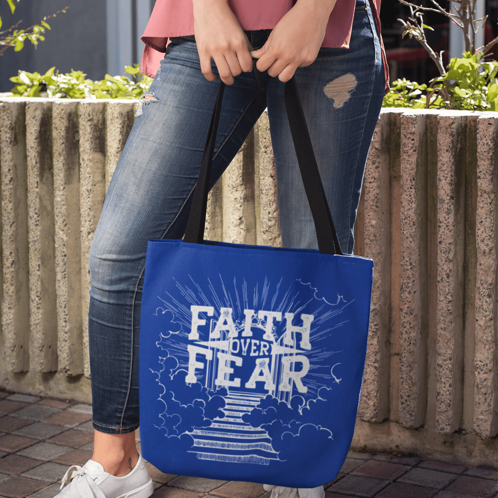 Faith Over Fear Blue Tote Bag (AOP) - ALL4THEGIFTOFIT