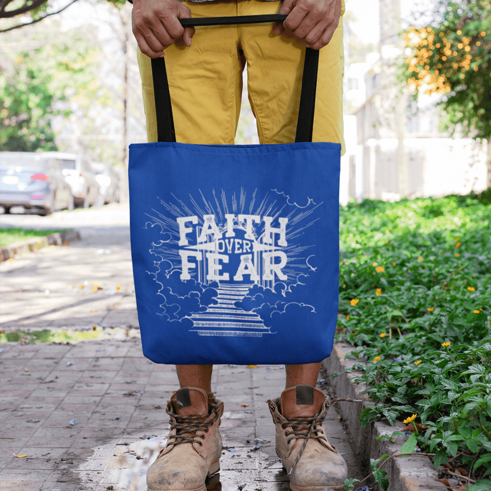 Faith Over Fear Blue Tote Bag (AOP) - ALL4THEGIFTOFIT