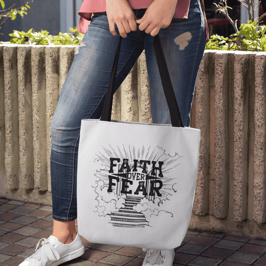 Faith Over Fear White Tote Bag (AOP) - ALL4THEGIFTOFIT