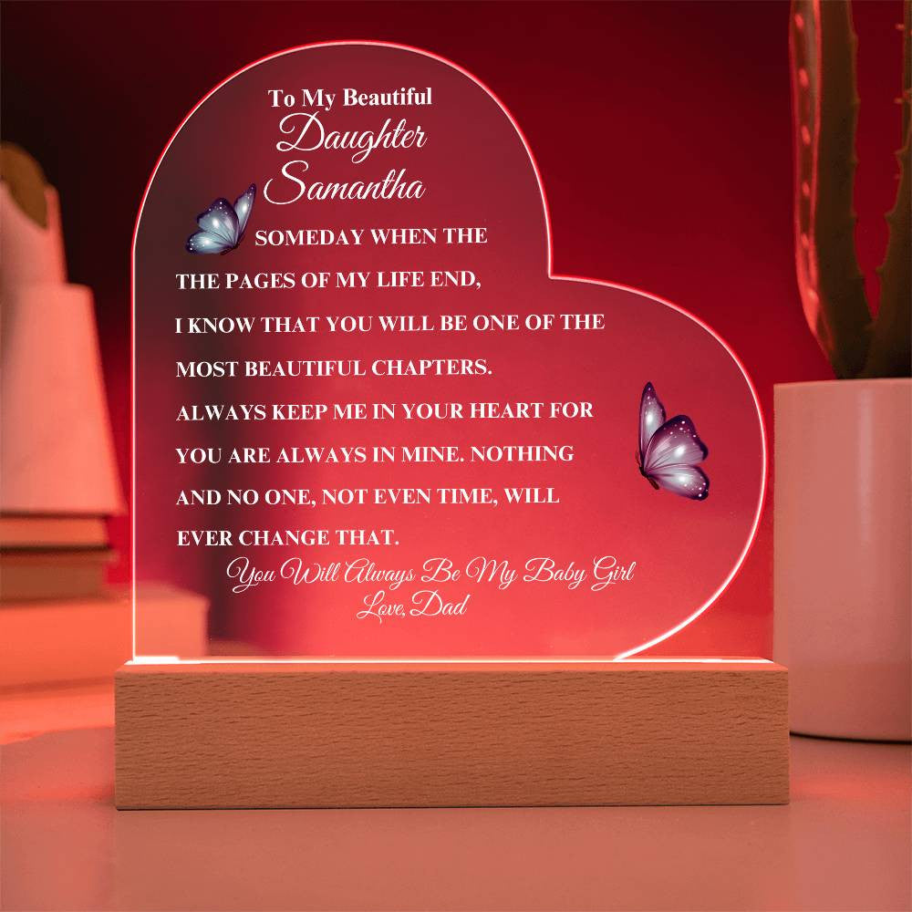 (TOP SELLER 🔥)Personalized To My Beautiful Daughter | Heart Acrylic LED Plaque - White Letters (Blue Butterfly)