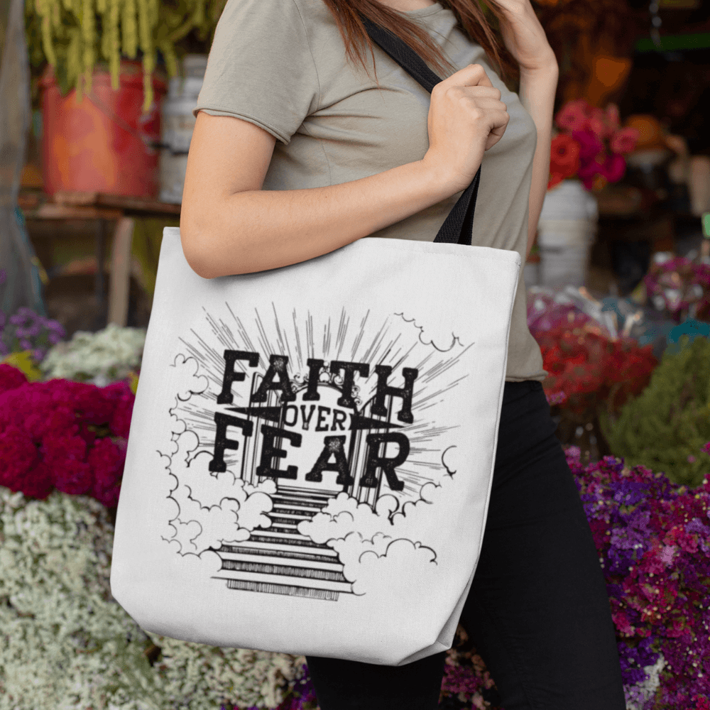 Faith Over Fear White Tote Bag (AOP) - ALL4THEGIFTOFIT