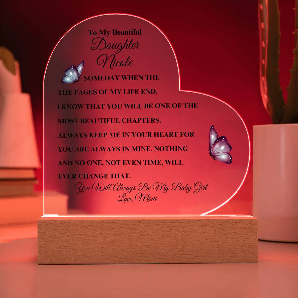 Personalized To My Beautiful Daughter | Heart Acrylic LED Plaque (Blue Butterfly)