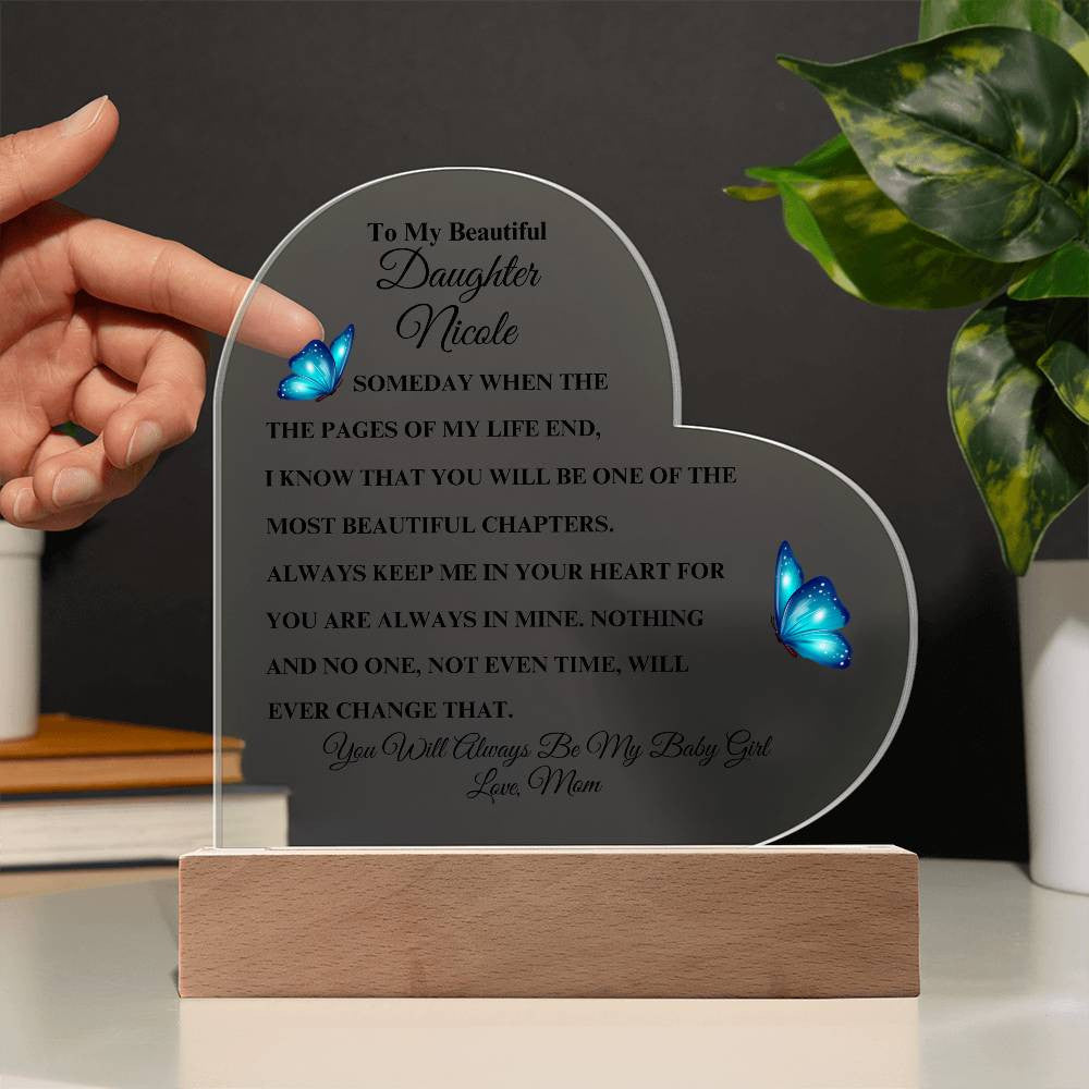 Personalized To My Beautiful Daughter | Heart Acrylic LED Plaque (Blue Butterfly)