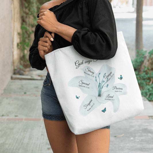 God Says... White Tote Bag (AOP) - ALL4THEGIFTOFIT