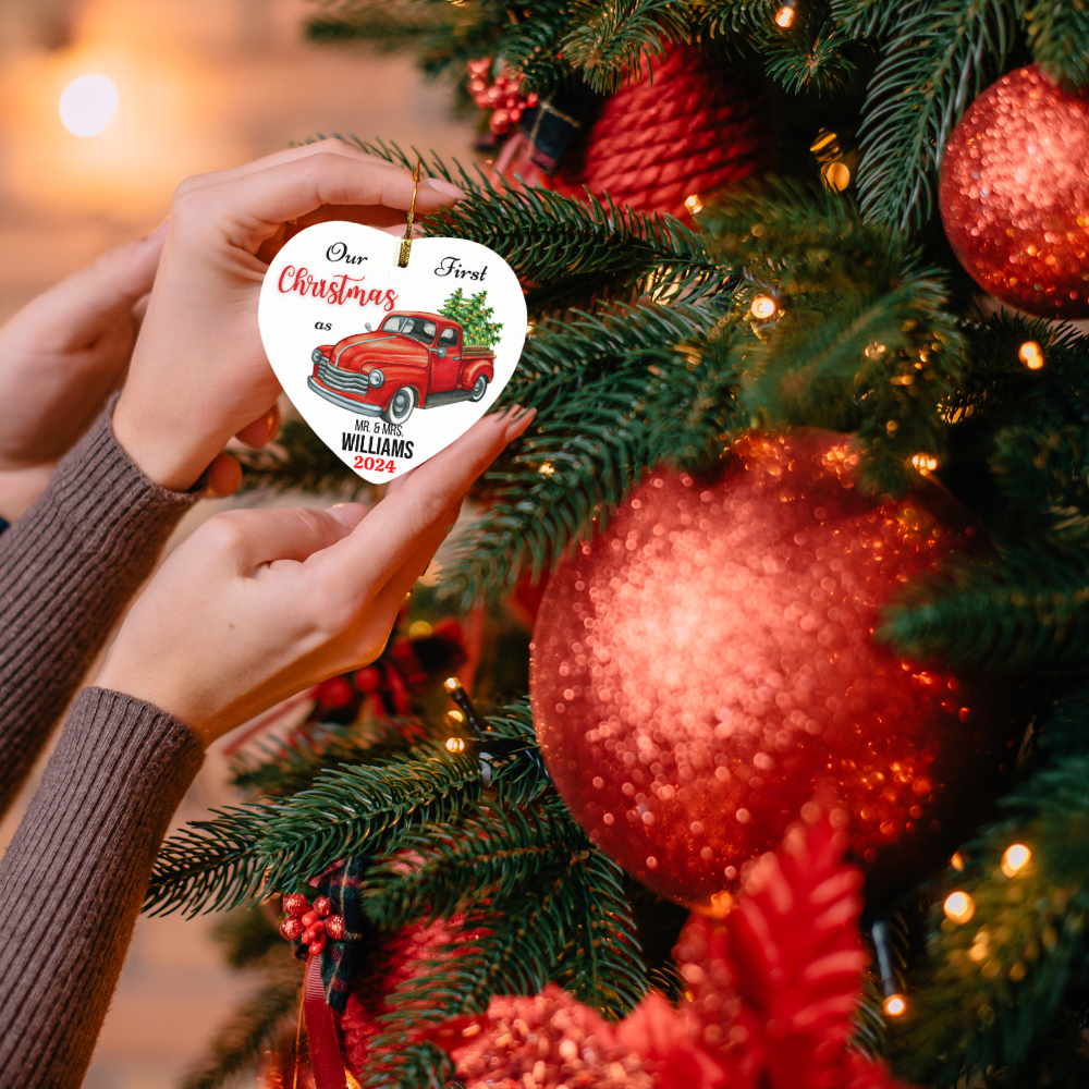 Personalized Our First Christmas as Mr. & Mrs. (Red Truck) Heart Ornament