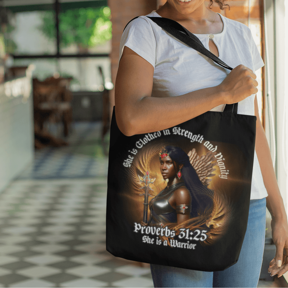 She is Clothed in Strength and Dignity Tote Bag (AOP) - ALL4THEGIFTOFIT