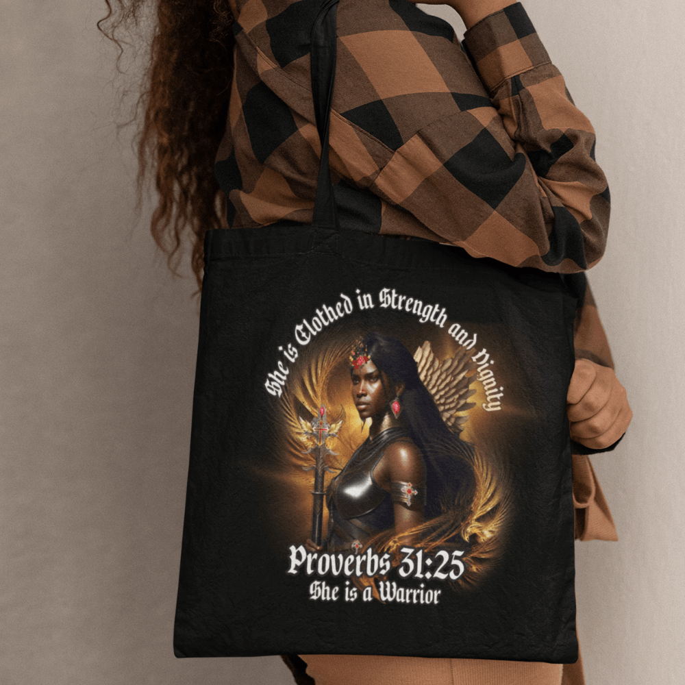 She is Clothed in Strength and Dignity Tote Bag (AOP) - ALL4THEGIFTOFIT