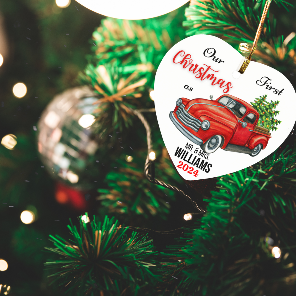 Personalized Our First Christmas as Mr. & Mrs. (Red Truck) Heart Ornament