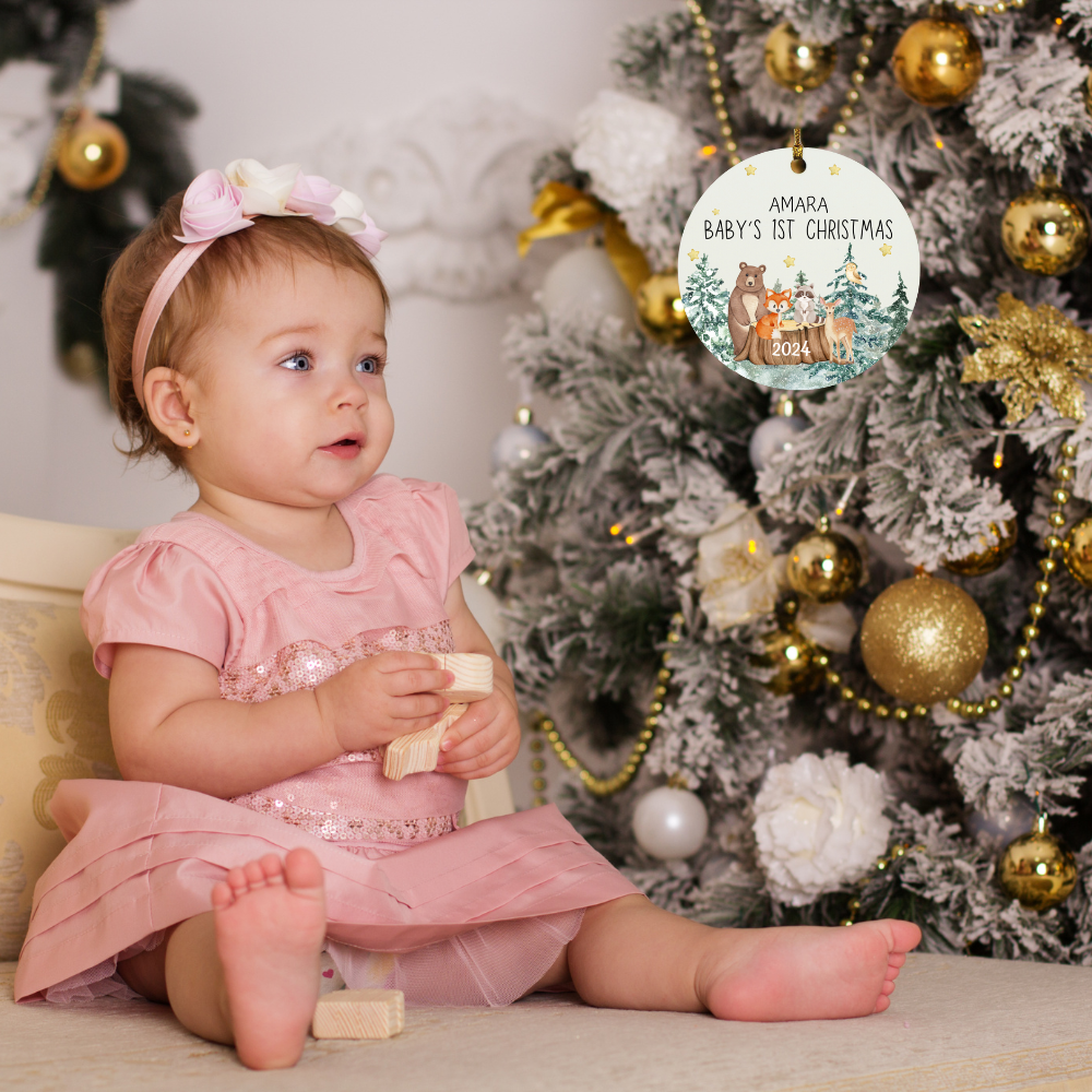 Personalized Baby's First Christmas (Woodland Animals) Circle Ornament