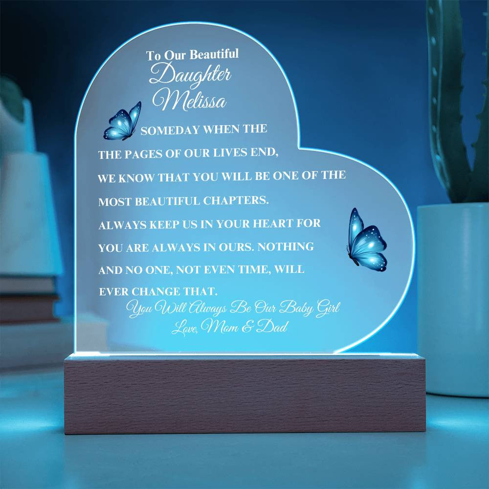 (TOP SELLER 🔥)Personalized To Our Beautiful Daughter | Heart Acrylic LED Plaque - White Letters (Blue Butterfly)