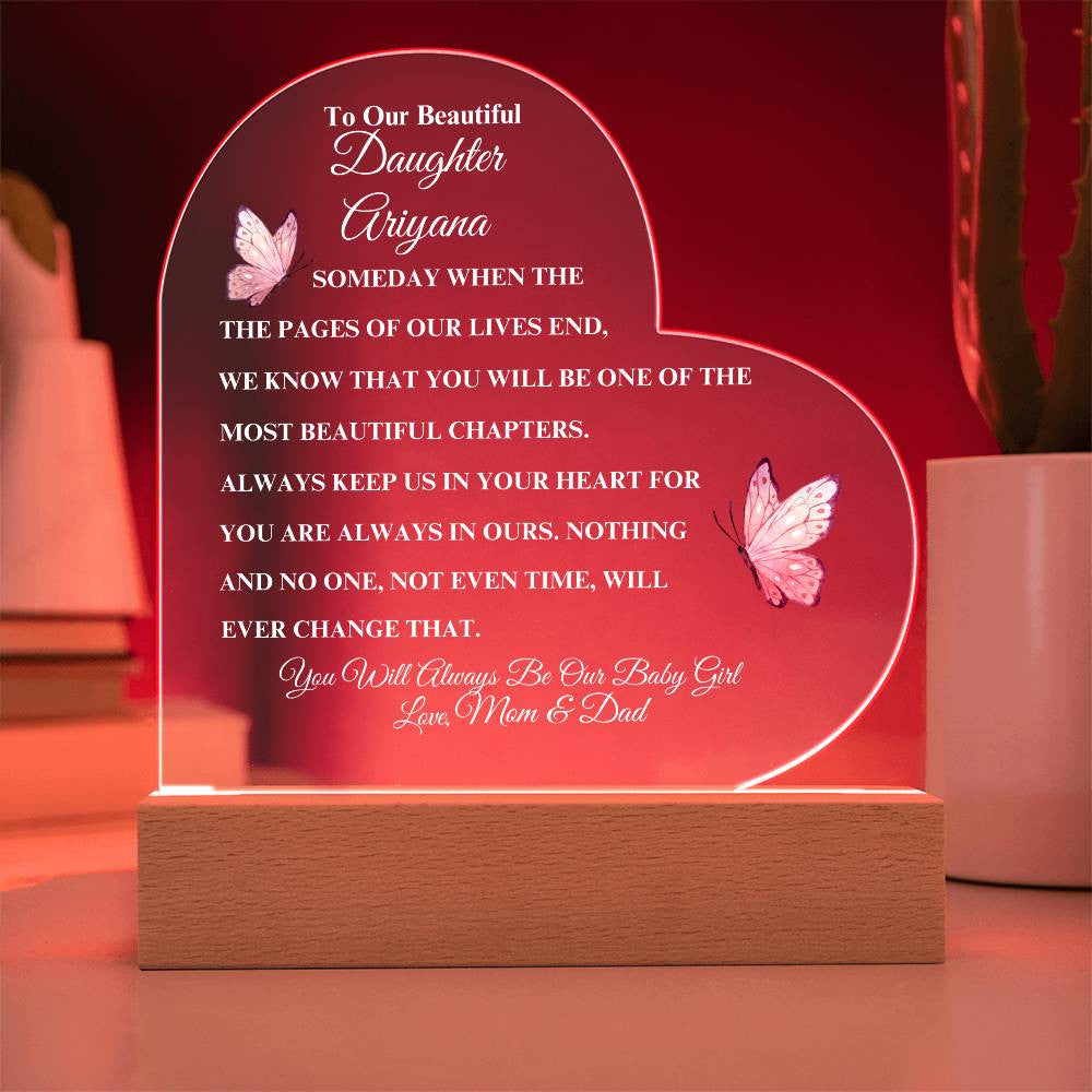 (TOP SELLER 🔥)Personalized To Our Beautiful Daughter | Heart Acrylic LED Plaque - White Letters (Pink Butterfly)