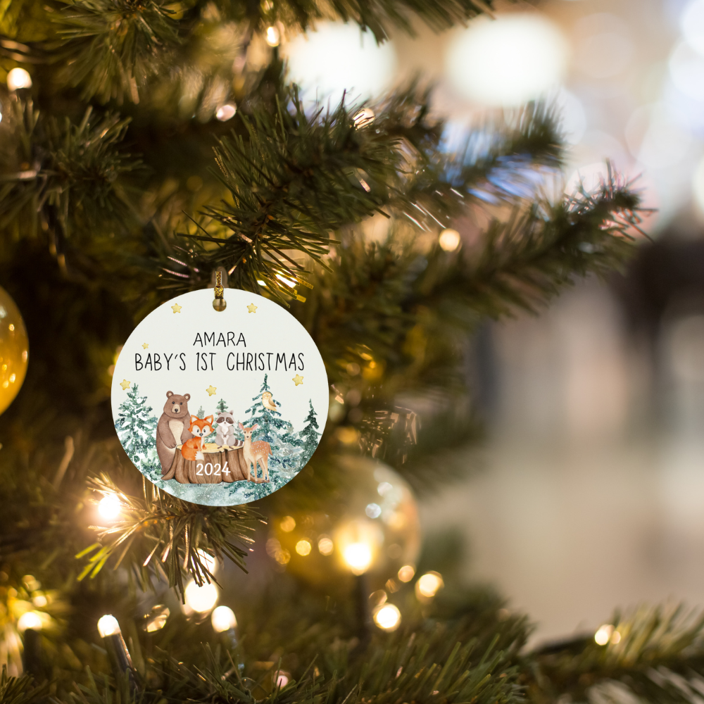 Personalized Baby's First Christmas (Woodland Animals) Circle Ornament