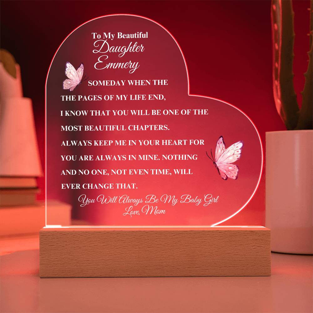 (TOP SELLER 🔥)Personalized To My Beautiful Daughter | Heart Acrylic LED Plaque - White Letters (Pink Butterfly)