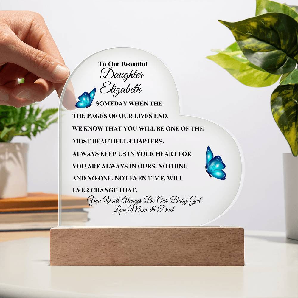 Personalized To Our Beautiful Daughter | Heart Acrylic LED Plaque (Blue Butterfly)