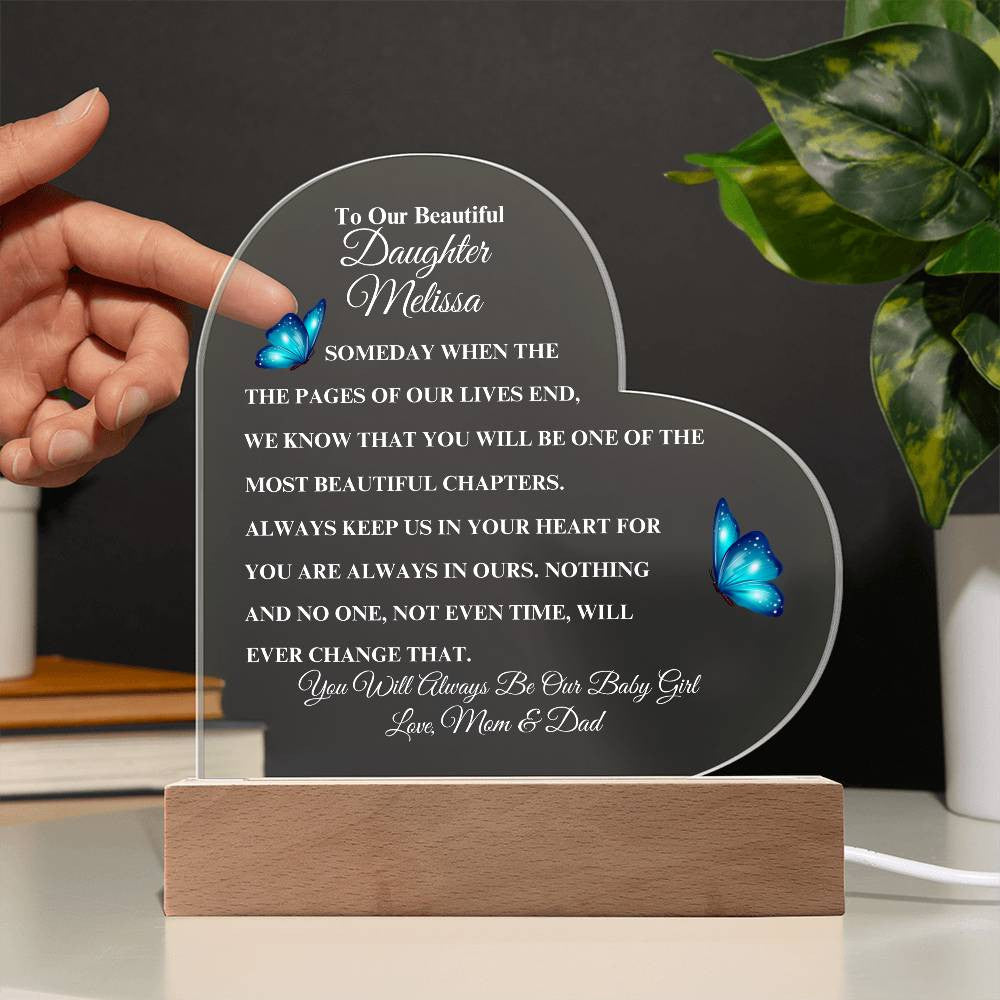 (TOP SELLER 🔥)Personalized To Our Beautiful Daughter | Heart Acrylic LED Plaque - White Letters (Blue Butterfly)