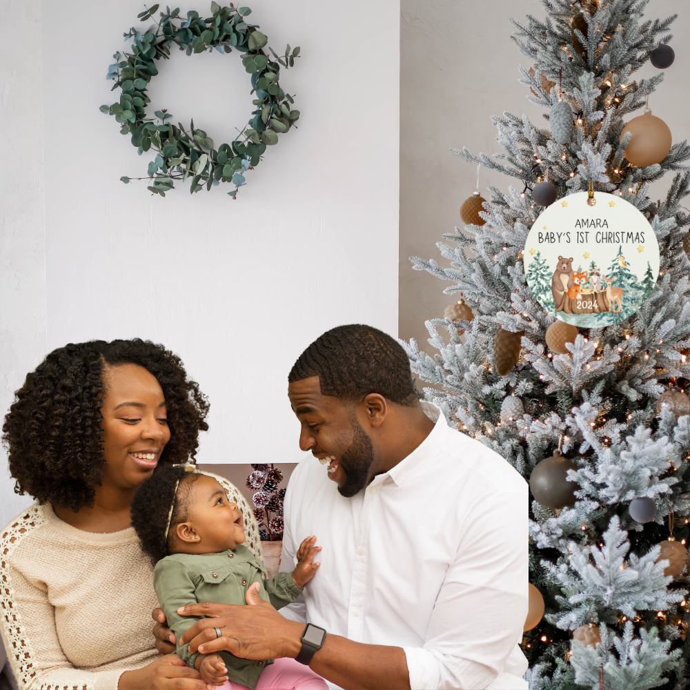 Personalized Baby's First Christmas (Woodland Animals) Circle Ornament