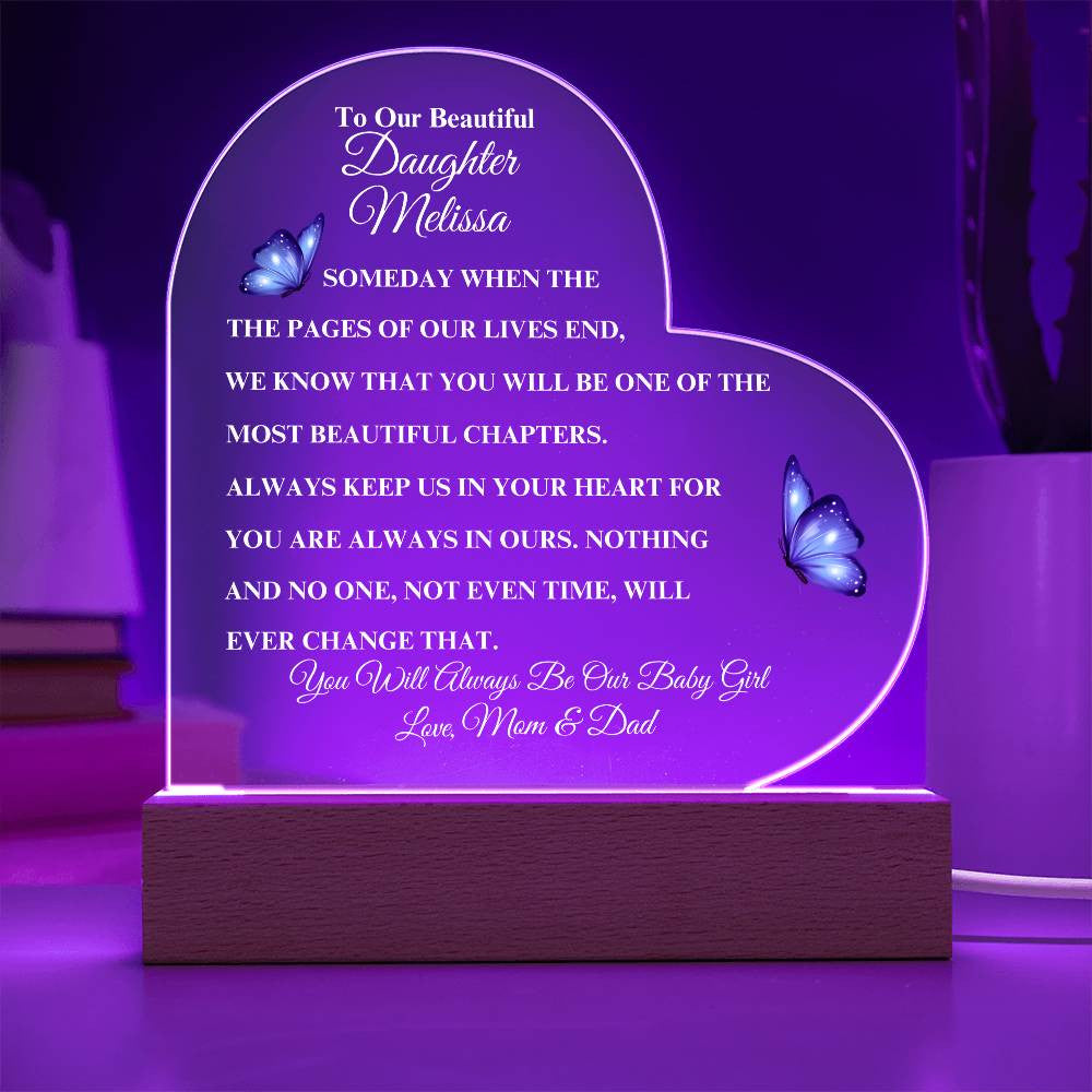 (TOP SELLER 🔥)Personalized To Our Beautiful Daughter | Heart Acrylic LED Plaque - White Letters (Blue Butterfly)