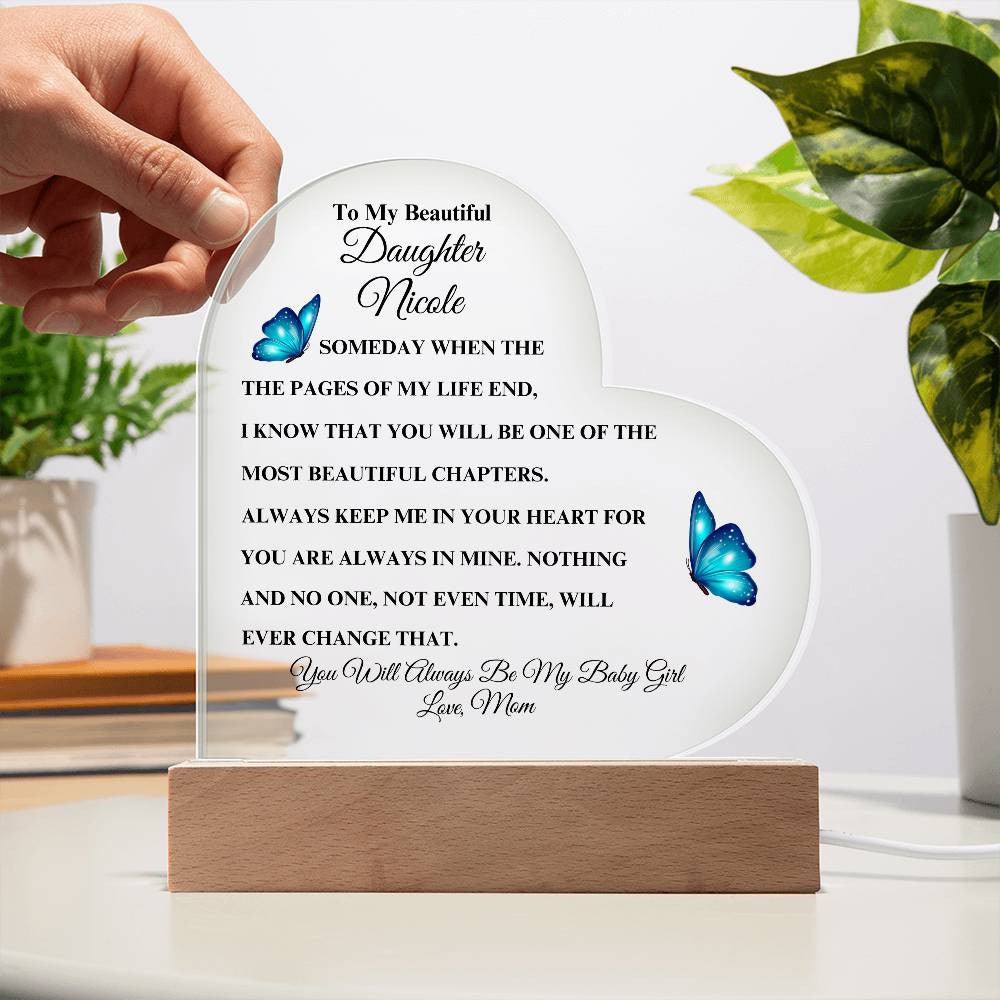 Personalized To My Beautiful Daughter | Heart Acrylic LED Plaque (Blue Butterfly)