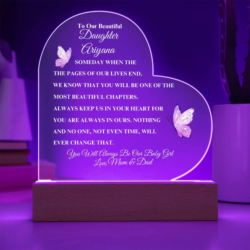 (TOP SELLER 🔥)Personalized To Our Beautiful Daughter | Heart Acrylic LED Plaque - White Letters (Pink Butterfly)