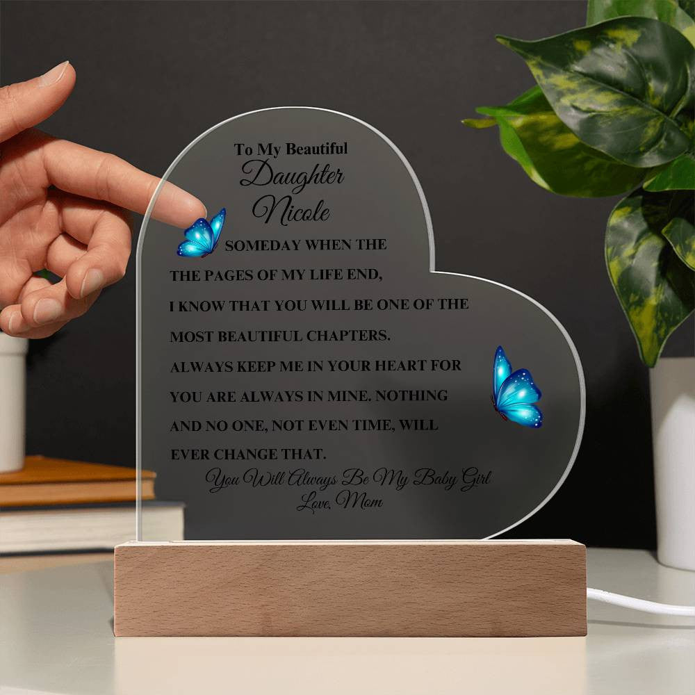 Personalized To My Beautiful Daughter | Heart Acrylic LED Plaque (Blue Butterfly)