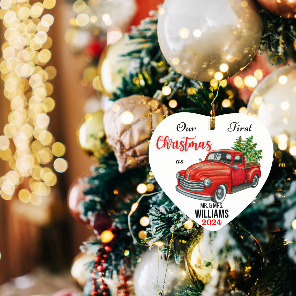 Personalized Our First Christmas as Mr. & Mrs. (Red Truck) Heart Ornament