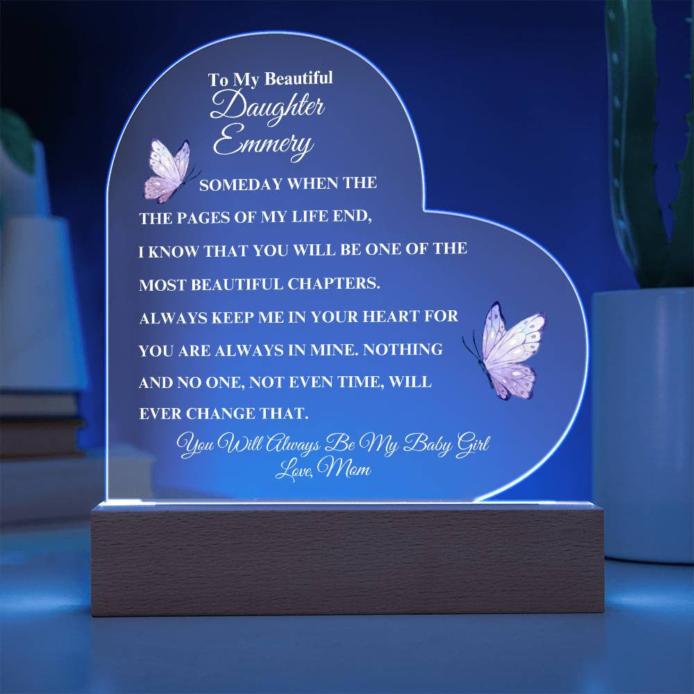 (TOP SELLER 🔥)Personalized To My Beautiful Daughter | Heart Acrylic LED Plaque - White Letters (Pink Butterfly)