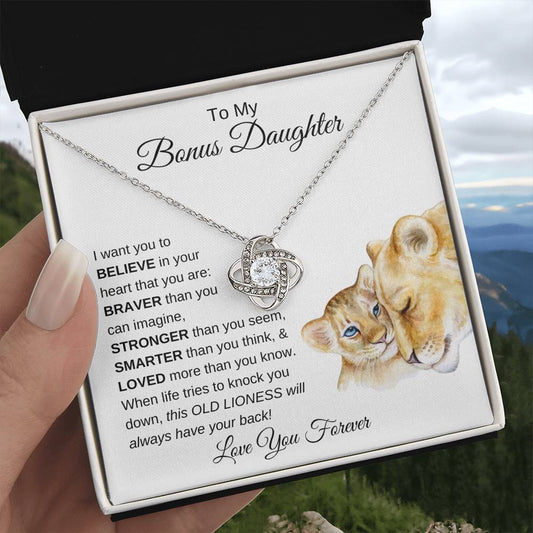 To My Bonus Daughter | You are Brave, Strong & Smart | Love Knot Necklace