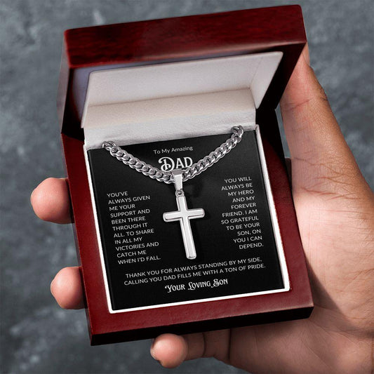 To My Amazing Dad | My Hero | Cuban Chain with Artisan Cross Necklace - Gift for Father's Day, Birthdays, Holidays, Just Because - ALL4THEGIFTOFIT