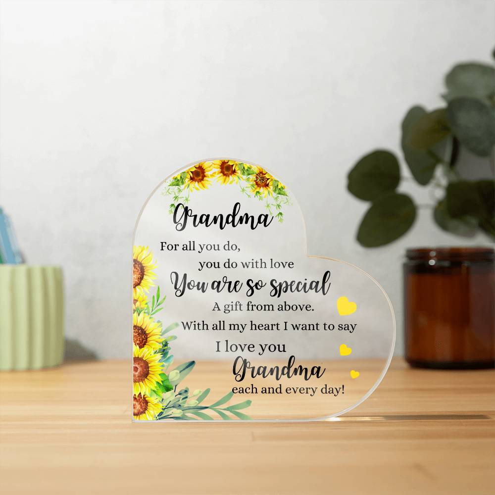 Grandma | You Are So Special | Yellow Printed Heart Shaped Acrylic Plaque | Gift for Mother's Day, Birthday, All Occasions